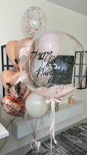 Набір гелієвих кульок Golden Rose з кулькою Bubbles та пір'ям В-008 фото